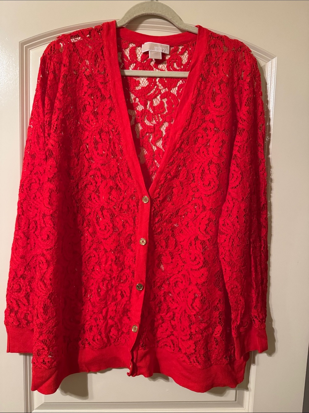 MICHAEL Michael Kors Red Lace Button-Up Cardigan 3X
